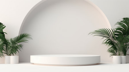 White podium, Cosmetic display product stand with leaf on white background.の素材