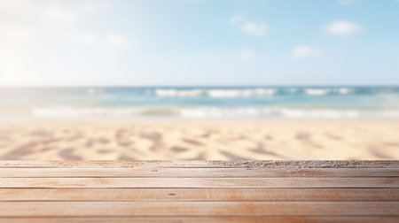 wooden table set against a backdrop of the sea, an island, and a vibrant blue sky.の素材