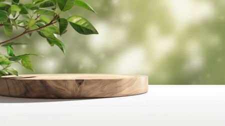Wooden product display podium for cosmetic product with green nature garden backgroundの素材