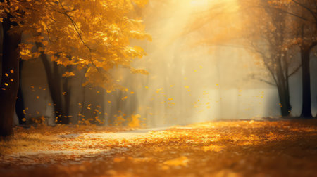 Autumn park alley with fallen leaves and sunbeams in the morningの素材