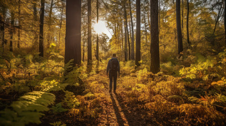 Young man hiking in the autumn forest. Travel and adventure concept.の素材