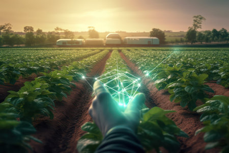 Smart farming technology concept with farmer hand touching digital hologram on fieldの素材