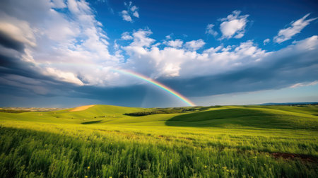rainbow over green meadow and blue sky in Tuscanyの素材
