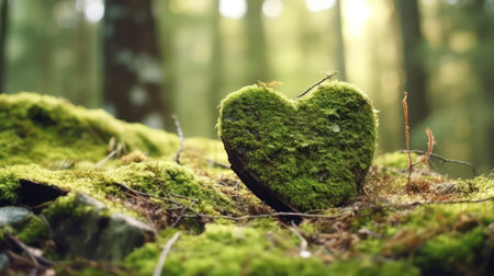 Heart shaped green mossy stone in the forest with soft focus.の素材