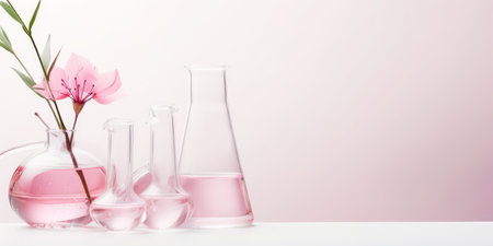 Laboratory glassware with water and pink flower on white table.の素材