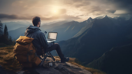 Man sitting on the top of a mountain and working on a laptopの素材