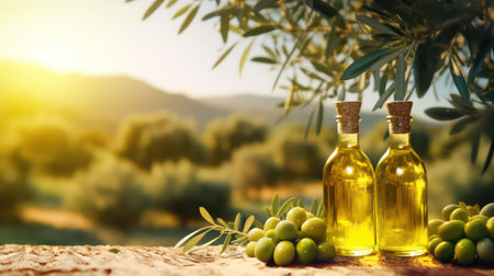 Olive oil with green olives on wooden table in olive groveの素材