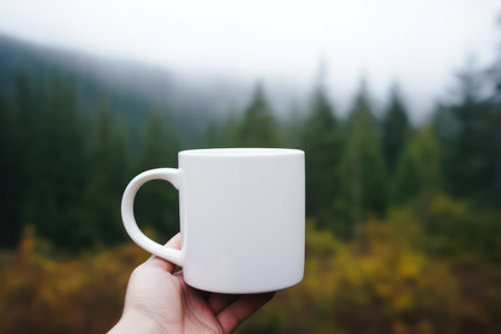 Hand holding a white mug on the background of a mountain landscape.の素材