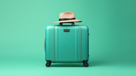 Suitcase with hat on turquoise background. 3d renderingの素材
