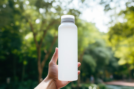 Hands holding a white bottle of whey protein on nature backgroundの素材
