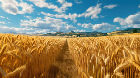 Ripe wheat field and blue sky with clouds. 3D renderingの素材