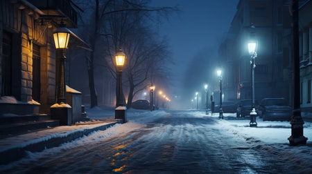 Winter city street at night with street lamps and trees covered with snowの素材