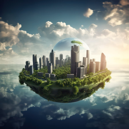 Earth planet with modern city on the background of blue sky and cloudsの素材