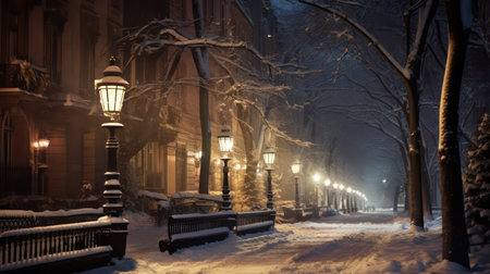 Winter city street at night with snow covered trees and lanterns.の素材