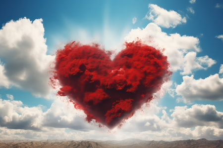 Heart shaped cloud against blue sky with white clouds 3D illustration.の素材