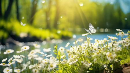 Beautiful daisies and butterflies on the background of the riverの素材