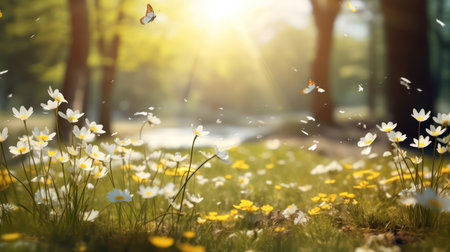 Spring meadow with flowers and butterflies. Nature background. Soft focusの素材