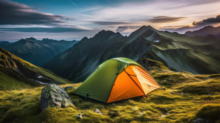 Camping in the mountains at sunset. The concept of travel and tourismの素材