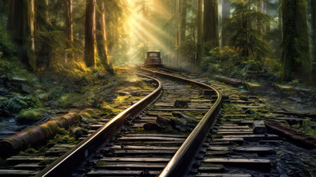 Railway through the forest in a foggy day. 3D renderingの素材