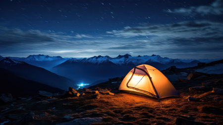 Camping in the mountains at night with a view of the snow-capped peaksの素材