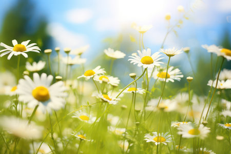 Chamomile flowers on the meadow. Nature background.の素材