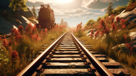 Railway tracks in the mountains at sunset. 3d illustration.の素材