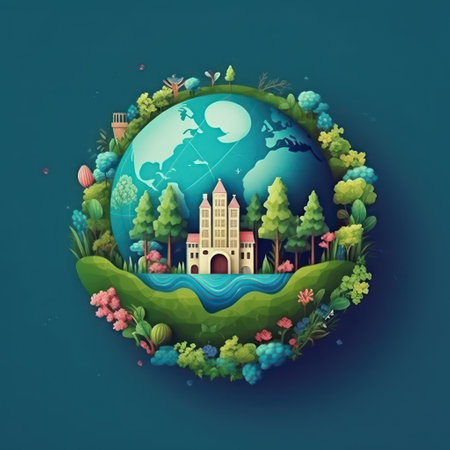 Earth day concept. Earth planet with trees and bushes. Vector illustration.の素材