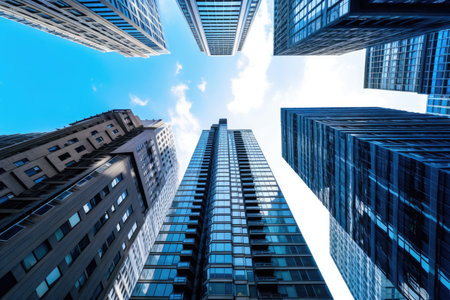 Bottom view of modern skyscrapers in business district against blue skyの素材
