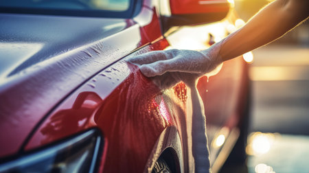 Hand of woman polishing car with microfiber cloth in car washの素材