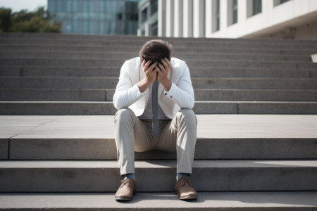 Stressed young businessman sitting on stairs in front of modern business centerの素材