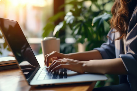Cropped image of businesswoman typing on laptop keyboard while sitting in cafeの素材