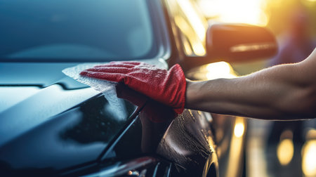 Car polishing. Close-up of a man's hand in a red glove polishing a car with a microfiber cloth.の素材