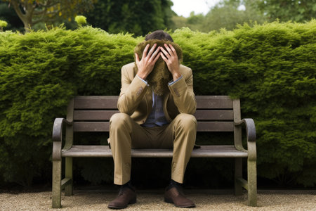 Stressed businessman sitting on bench in the park, covering his faceの素材