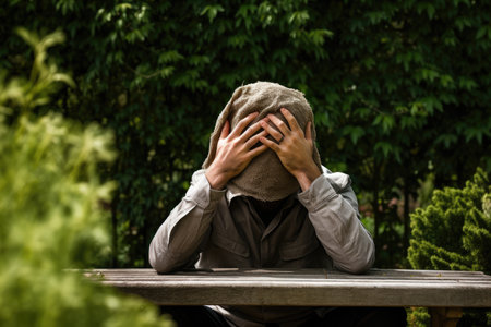 Sad young man sitting on a bench in the garden and covering his face with his handsの素材