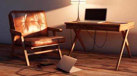 Laptop and chair on a wooden floor. 3d rendering.の素材