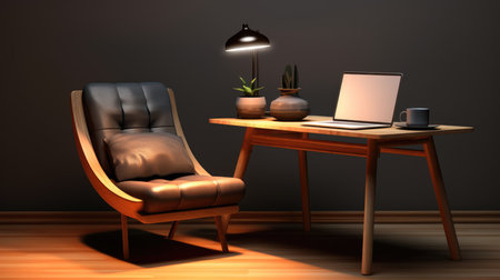 Laptop and armchair in the dark room. 3d renderingの素材