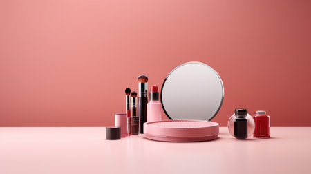 3d rendering of cosmetic products with round mirror on pink background.の素材