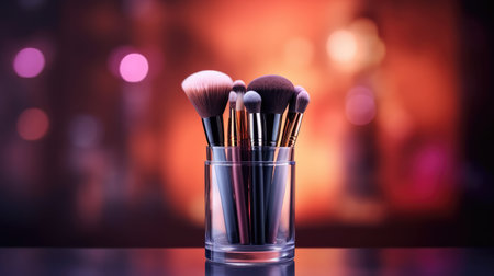 Makeup brushes in a glass with bokeh background. Makeup concept.の素材