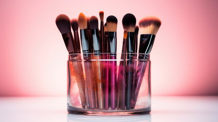 Makeup brushes in a glass vase on a pink background.の素材