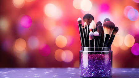 Makeup brushes in a glass vase on bokeh backgroundの素材