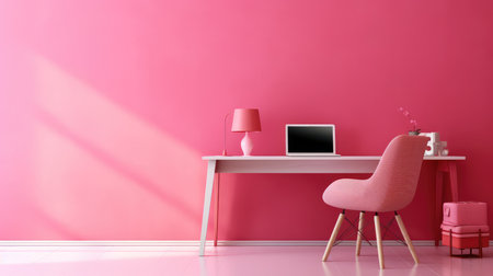Interior of modern room with pink wall, computer and armchairの素材