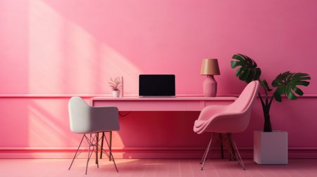 Modern pink office interior with computer, chair and plant. 3D Renderingの素材