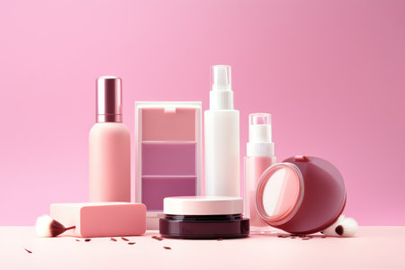 Cosmetics and makeup products on pink background. 3d rendering.の素材