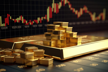 Stock market graph and gold bars. 3D illustration. Business concept.の素材