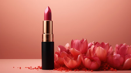 Lipstick on pink background with tulips. 3d renderingの素材