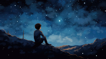 Young businessman sitting on top of a mountain and looking at the night skyの素材