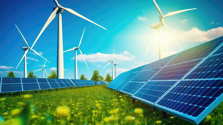 Solar panels and wind turbines, alternative electricity source - concept of sustainable resourcesの素材