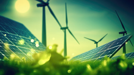 Solar panels and wind turbines. Alternative energy concept. 3D Renderingの素材