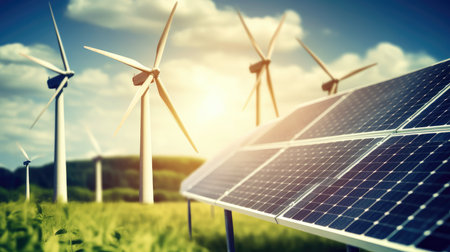 Solar panels and wind turbines, alternative electricity source - concept of sustainable resourcesの素材