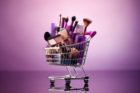 Shopping cart full of makeup products on purple background. Studio shot.の素材
